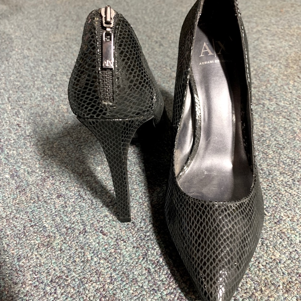Armani Exchange black snake skin pattern heels